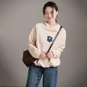 Fleeced Lining Flowers Embroidered Hoodie