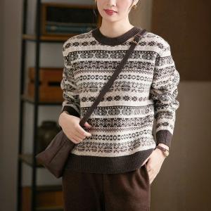 Copenhagen Style Coffee Crew Neck Wool Fair Isle Sweater
