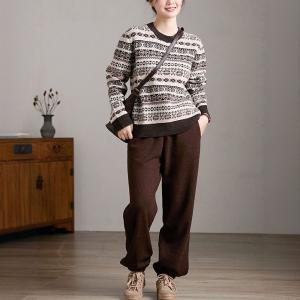 Copenhagen Style Coffee Crew Neck Wool Fair Isle Sweater