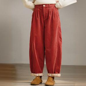 Floral Lining Red Corduroy Pants for Women