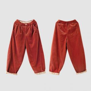 Floral Lining Red Corduroy Pants for Women