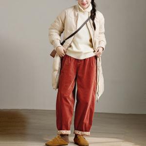 Floral Lining Red Corduroy Pants for Women