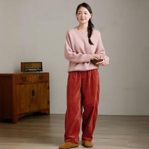 Floral Lining Red Corduroy Pants for Women