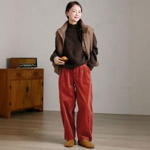 Floral Lining Red Corduroy Pants for Women