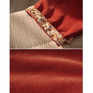 Floral Lining Red Corduroy Pants for Women