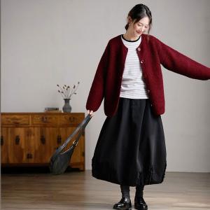 Single-Breasted Woolen Wine Red Short Coat