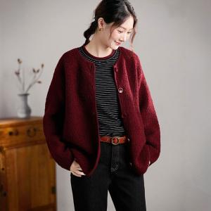 Single-Breasted Woolen Wine Red Short Coat