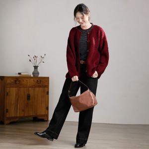 Single-Breasted Woolen Wine Red Short Coat