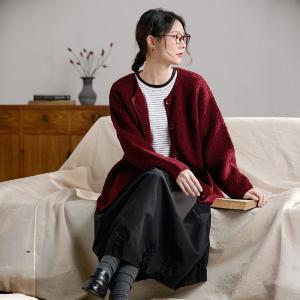 Single-Breasted Woolen Wine Red Short Coat