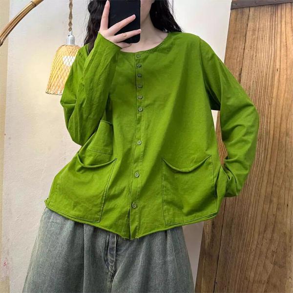 Casual 100% Cotton Long Sleeve Round Neck Solid Color Green White Black Coffee Yellow comfy winery slouchy lazy day 90s