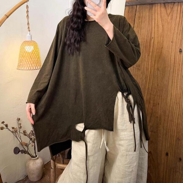 Casual 100% Cotton Long Sleeve Round Neck Striped Yellow Coffee Olive Green comfy slouchy lazy day oversized ulzzang cottagecore rustic Solid Color Red Navy Blue 90s