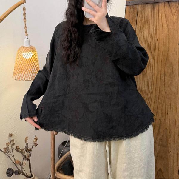 Casual 100% Linen Long Sleeve Round Neck Printed Black comfy oversized lazy day cottagecore rustic conservative
