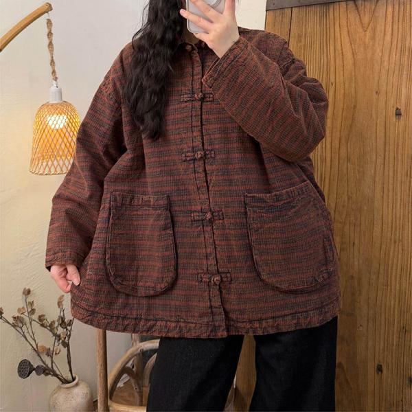 Ethnic 100% Linen Long Sleeve Stand Collar Plaid Gray Rust comfy tropical oversized slouchy rustic cottagecore