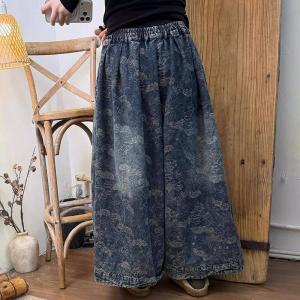 Plus Size Elastic Waist Printed Wide Leg Jeans