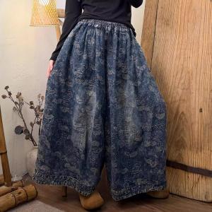 Plus Size Elastic Waist Printed Wide Leg Jeans