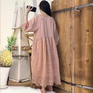 Puff Sleeve High Waist Loose Ramie Beach Dress