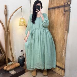 Puff Sleeve High Waist Loose Ramie Beach Dress