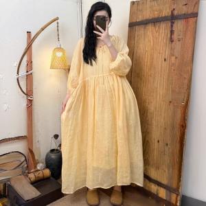 Puff Sleeve High Waist Loose Ramie Beach Dress