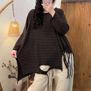 Stripes Tassel Plus Size Hole T-shirt
