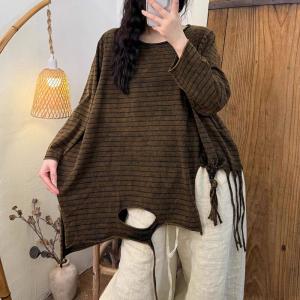 Stripes Tassel Plus Size Hole T-shirt