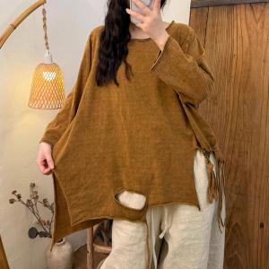 Stripes Tassel Plus Size Hole T-shirt