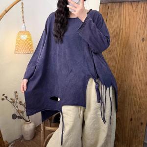 Solid Colors Cotton Oversized Fringed T-shirt