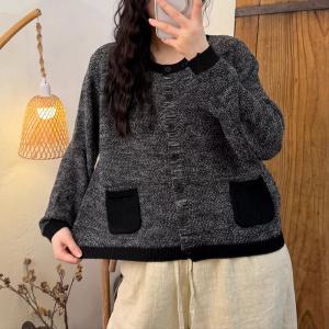 Contrast-Colored Pockets Woolen Knit Sweater