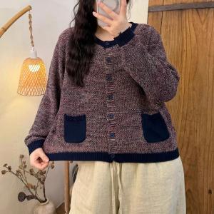Contrast-Colored Pockets Woolen Knit Sweater