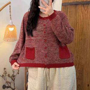 Contrast-Colored Pockets Woolen Knit Sweater