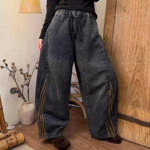 Yellow Striped Baggy Barrel Jeans for Women