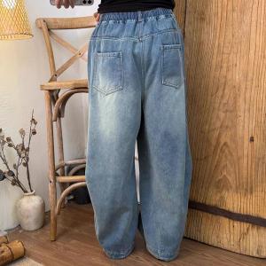 High Rise Stone Wash Fleeced Barrel Jeans