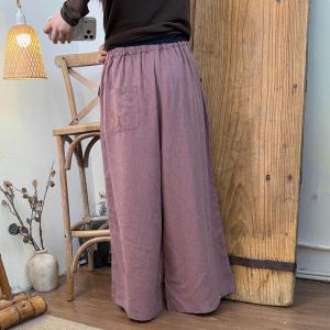 Lovely Bird Embroidery Linen Wide Leg Pants