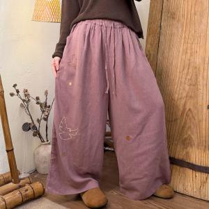 Lovely Bird Embroidery Linen Wide Leg Pants