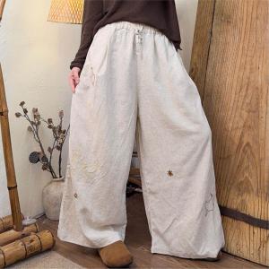 Lovely Bird Embroidery Linen Wide Leg Pants