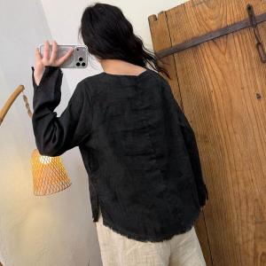 Flowers Prints Black Fringed Linen Blouse