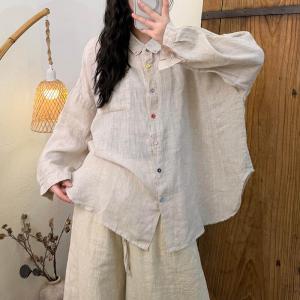 Colorful Buttons Long Sleeves Linen Blouse