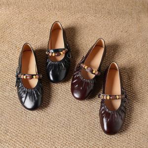 Beads Straps Cowhide Leather Mary Jane Flats