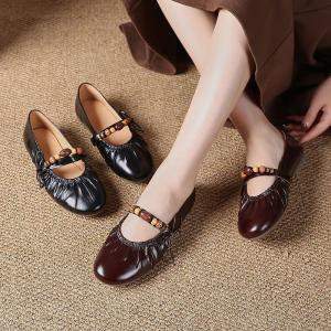 Beads Straps Cowhide Leather Mary Jane Flats