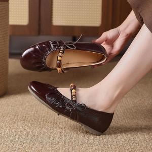 Beads Straps Cowhide Leather Mary Jane Flats