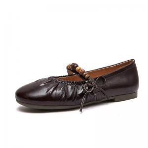 Beads Straps Cowhide Leather Mary Jane Flats