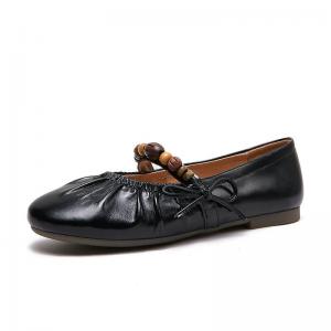 Beads Straps Cowhide Leather Mary Jane Flats