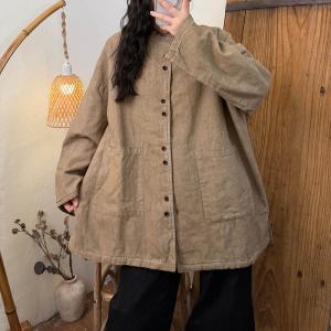 Single-Breasted Long Sleeve Linen Plain Shacket