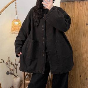 Single-Breasted Long Sleeve Linen Plain Shacket