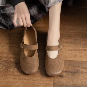 Buckle Straps Leather Round Toe Mary Jane Flats
