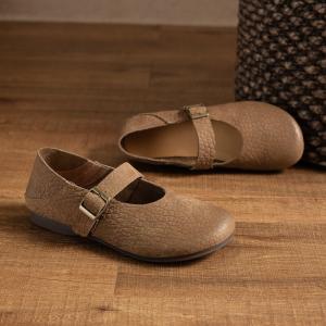 Buckle Straps Leather Round Toe Mary Jane Flats