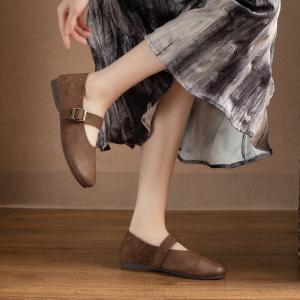 Buckle Straps Leather Round Toe Mary Jane Flats