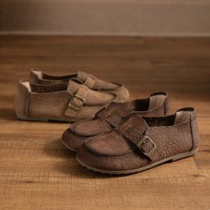 Wide Toe Buckle Cowhide Shallow Mouth Flats
