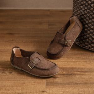 Wide Toe Buckle Cowhide Shallow Mouth Flats