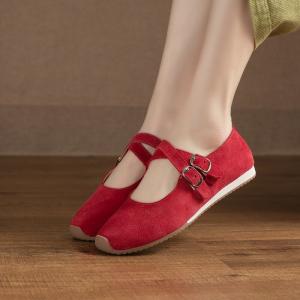 Cross Straps Suede Leather Mary Jane Ballet Flats