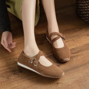 Cross Straps Suede Leather Mary Jane Ballet Flats